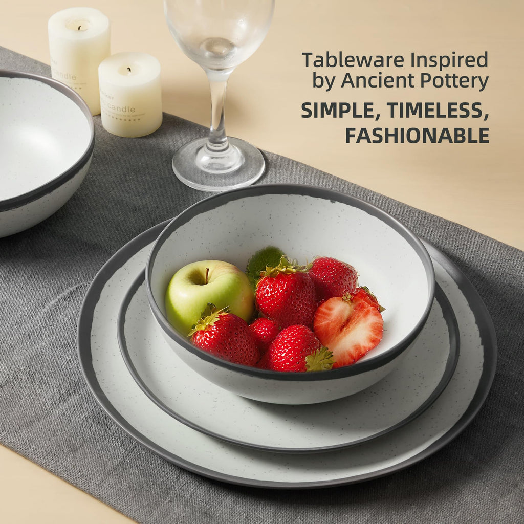 Joviton HOME 18PCS Grey Rim Vintage Melamine Plastic Dinnerware Set for 6 Outdoor Plates and Bowls Sets, Dishes Set