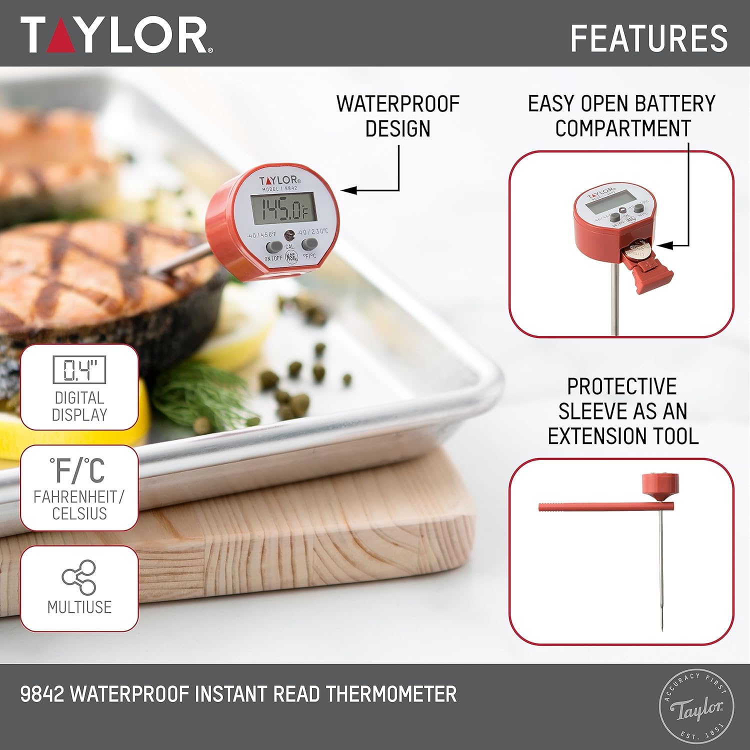Taylor Waterproof Digital Instant Read Thermometer - Perfect for Cooking, BBQ & Grilling | Red with Pocket Sleeve Clip