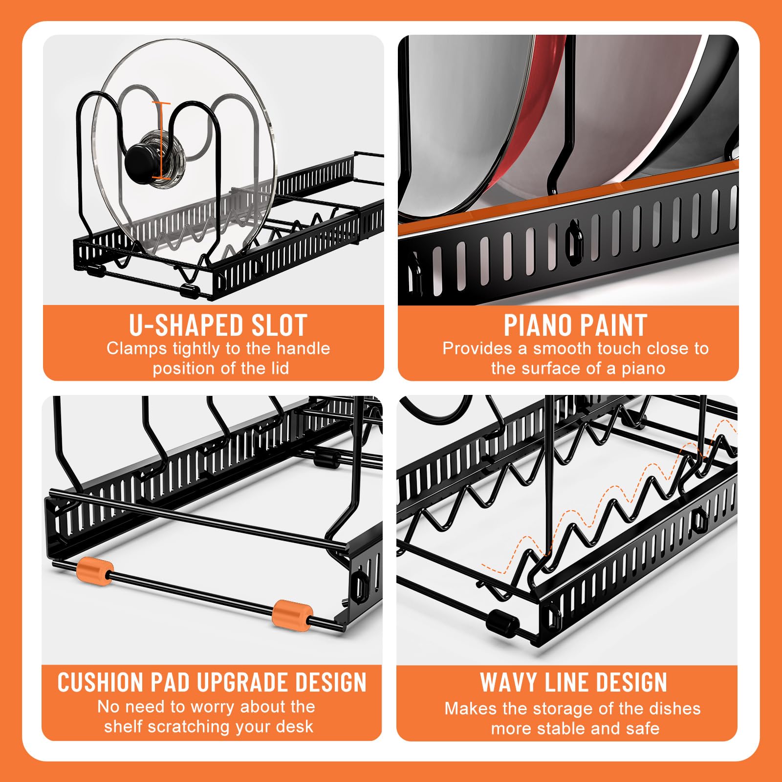 AHNR Expandable Pot and Pan Organizers Rack, 10+ Pans and Pots Lid Organizer Rack Holder, Kitchen Cabinet Pantry Bakeware Organizer Rack Holder with 10 Adjustable Compartments (Black)