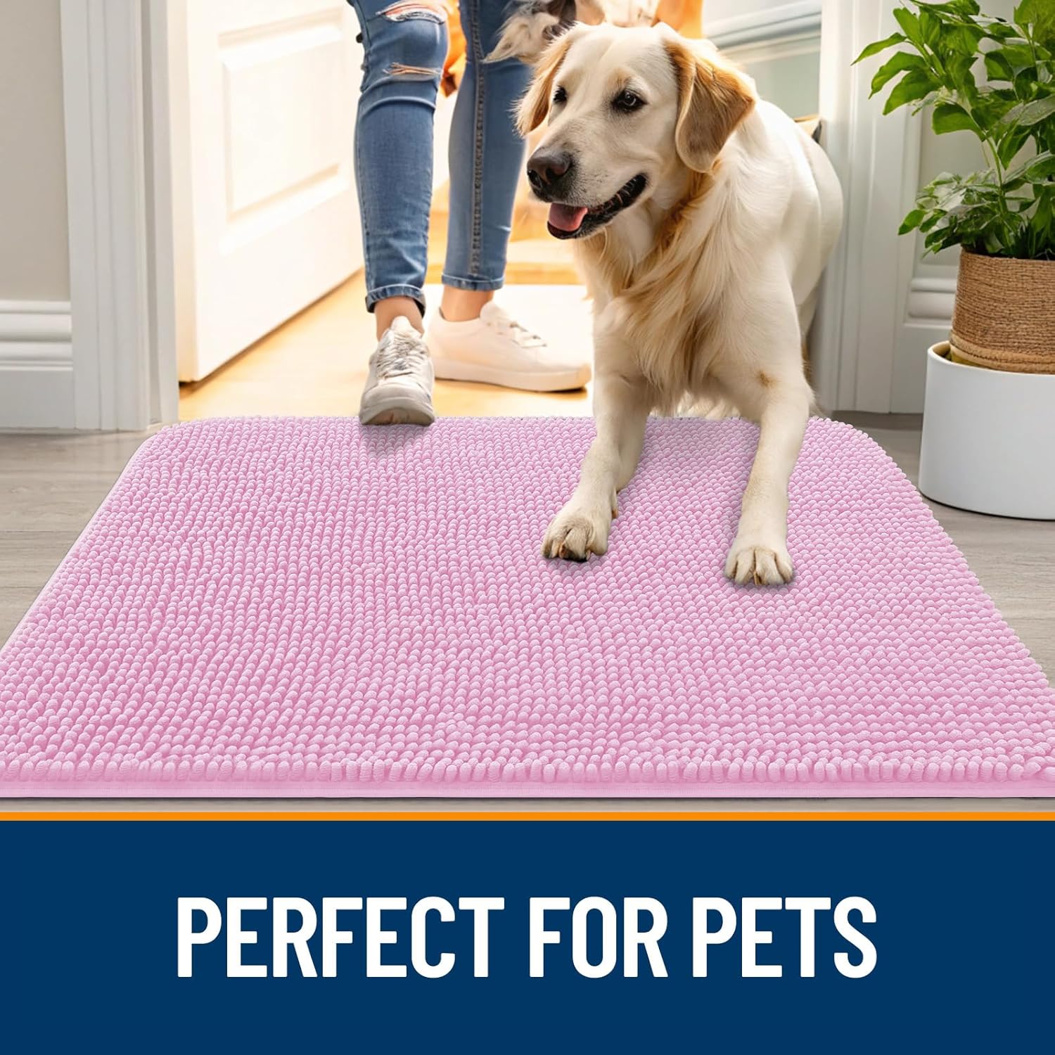 OLANLY Dog Door Mat - Absorbent Non-Slip Washable Doormat for Muddy Paws | 59x24, Quick Dry Chenille, Pink