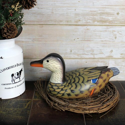 CVHOMEDECO Mallard Duck Decor - Hand Engraved & Painted Wood Figurine, 13 Inch, Brown Accent
