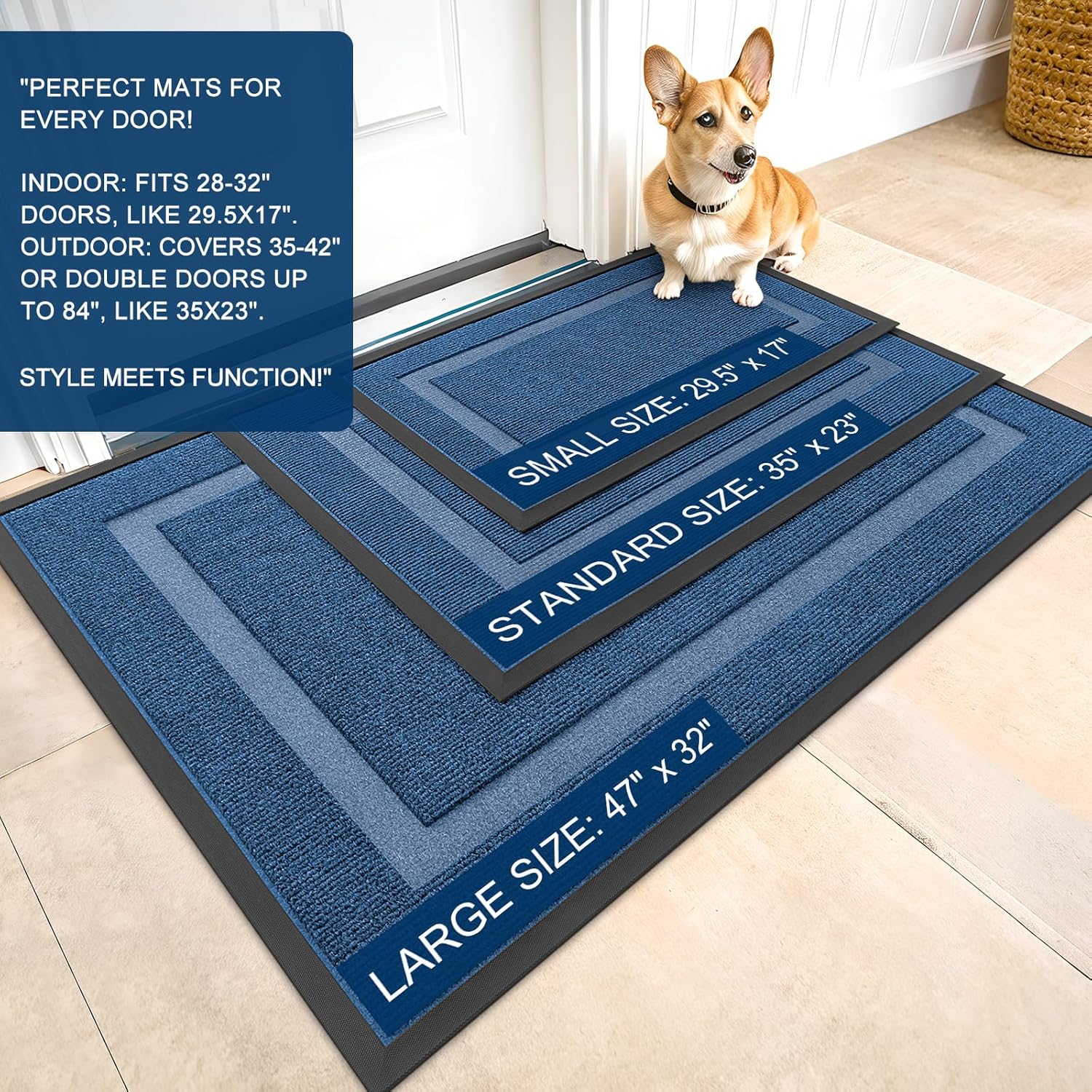 OLANLY Indoor Outdoor Front Door Mat - Waterproof All-Season Doormat, Easy Clean, 29.5x17, Light Blue