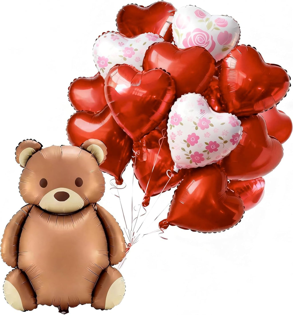 PartyWoo Valentine's Balloons - 15pcs Foil Bear & Red Heart Balloons | 24 & 18 Inch for Romantic Celebrations