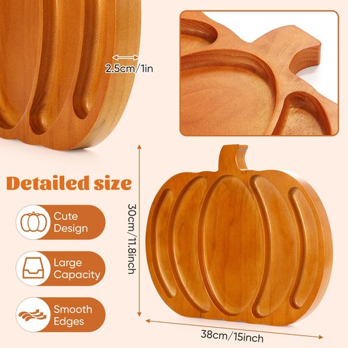 Autumn Harvest Wooden Pumpkin Serving Tray,15x11.8 Inches Snacks Fruit Meat Cheese Deli Plate,Split Dinner Plates for Halloween, Thanksgiving, Parties，Christmas Day