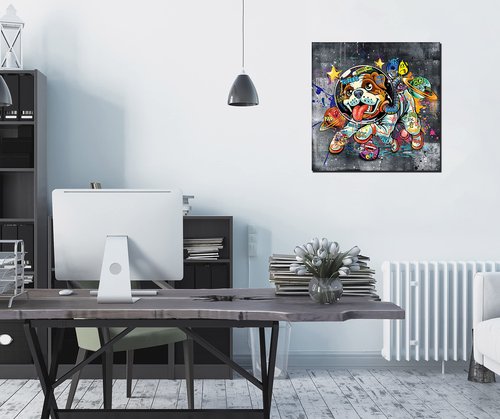 Kepgonegu Canvas Wall Art Funny Dog in Spacesuit Picture Banksy Graffiti Wall Art Ready to Hang Size 20”W x 20”H