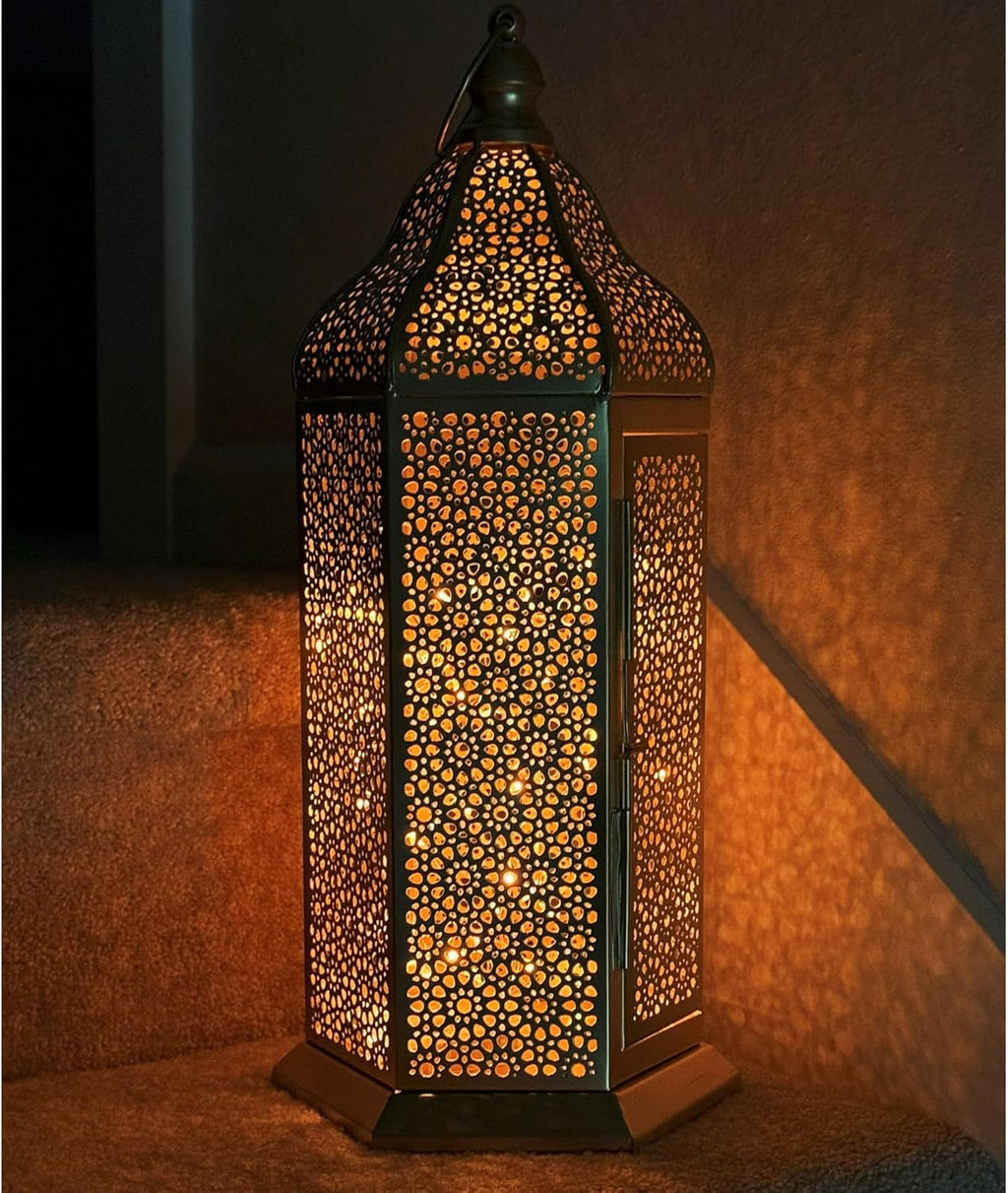 VELA Lanterns 16" Champagne Gold Moroccan Candle Lantern - Decorative Metal Hexagon for Table or Hanging | Perfect for Ramadan, Weddings, Indoor & Patio Lighting