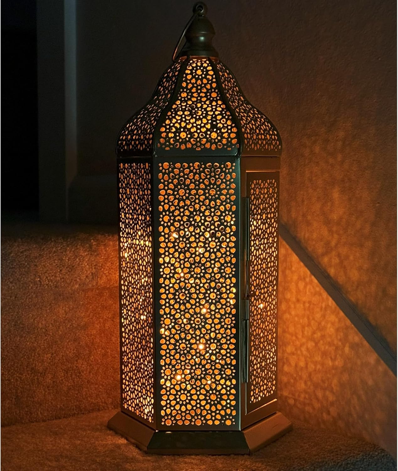 VELA Lanterns 16" Champagne Gold Moroccan Candle Lantern - Decorative Metal Hexagon for Table or Hanging | Perfect for Ramadan, Weddings, Indoor & Patio Lighting