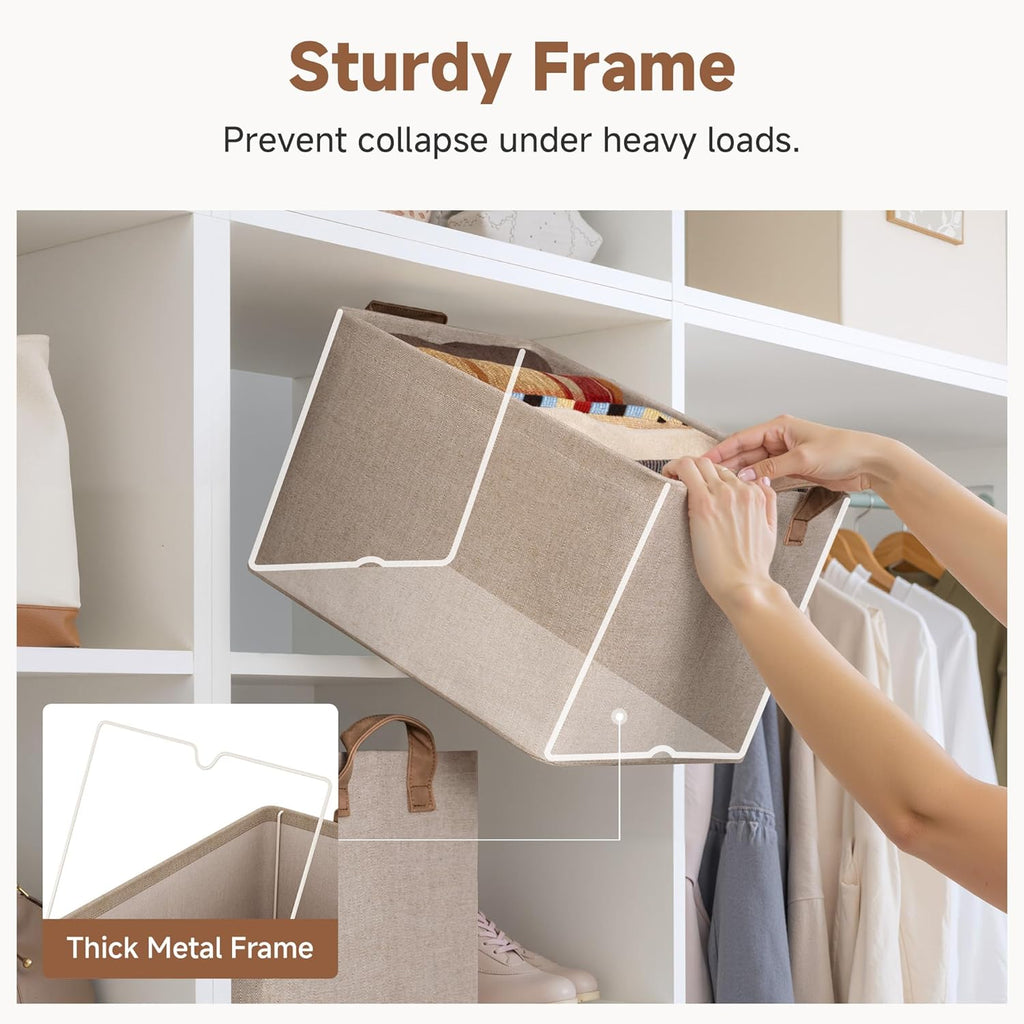 StorageWorks Fabric Storage Bins - Large Closet Baskets with Metal Frame | Brown & Beige, 2-Pack