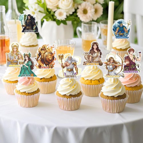 Greek Mythology Party Decorations - 36 Pcs Cupcake Toppers Featuring 9 Unique Designs for Toga Parties