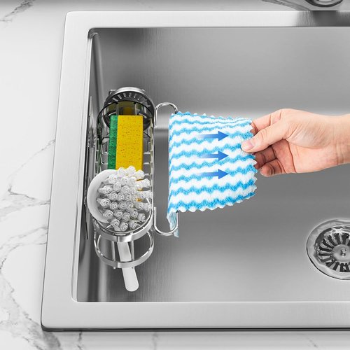 Cisily Silver Kitchen Sink Caddy - Stainless Steel Sponge Holder & Organizer | 2 Installation Options