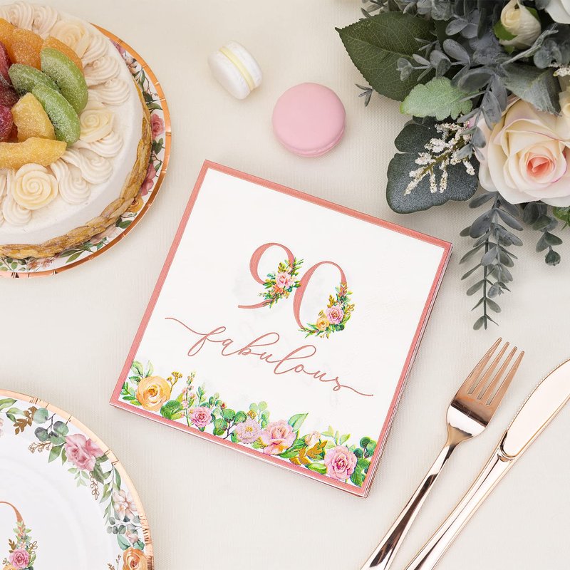 Crisky 90th Birthday Napkins and Plates for Women Rose Gold Floral Party Decoration, 90 and Fabulous Plates and Napkins for Women 90th Birthday.