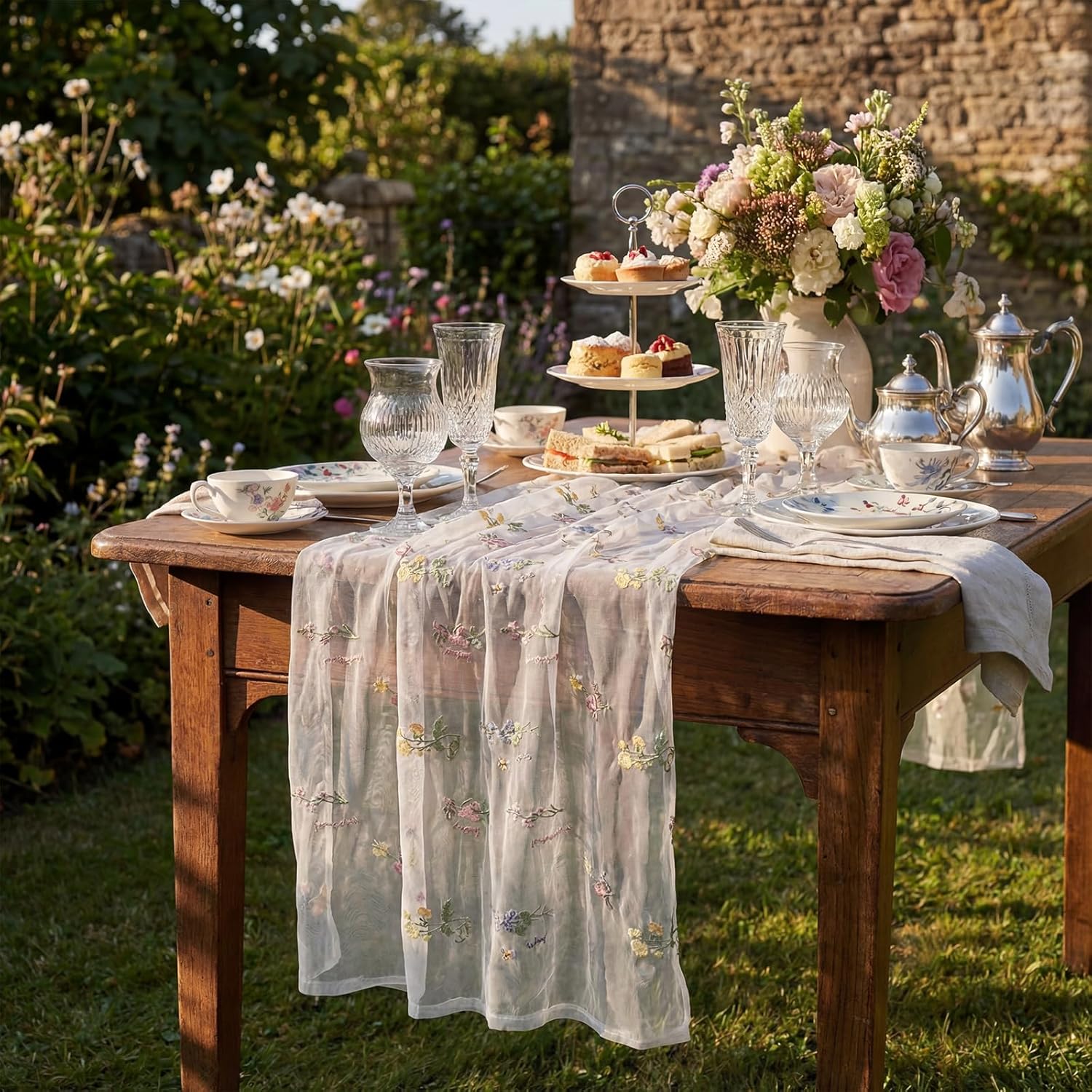 Remagr Floral Table Runner - 9.8 ft Embroidered Tulle for Home Decor | Perfect for Weddings & Parties