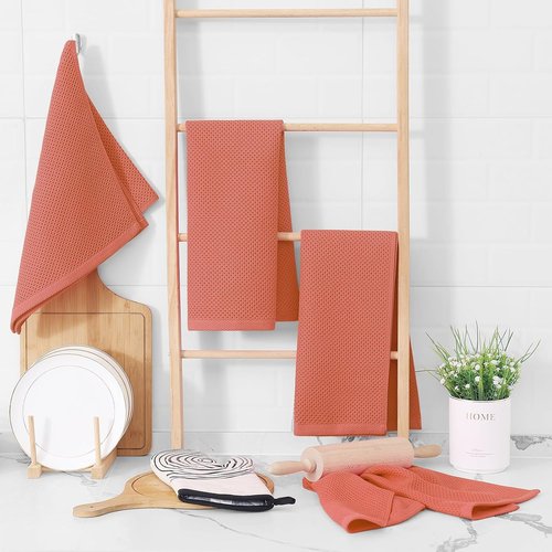 Homaxy 100% Cotton Waffle Weave Kitchen Dish Towels - Ultra Soft & Absorbent, 13 x 28 Inches, 4-Pack, Coral