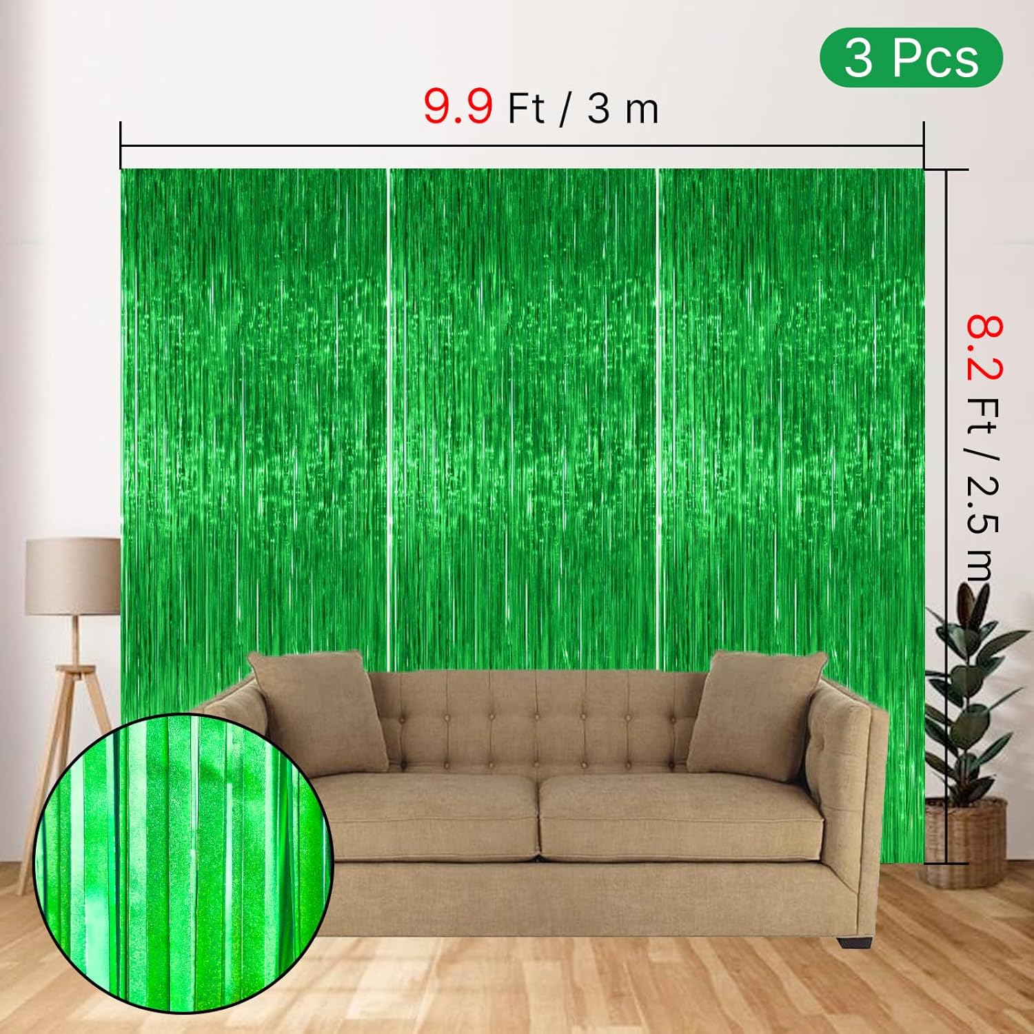 PartyWoo Green Streamers Backdrop - 3pcs Tinsel Foil Fringe Curtains | 8.2 FT for Graduation & Birthday Parties
