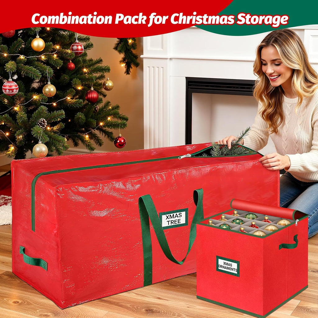StorageRight Christmas Tree Bag & Ornament Storage Box Set - Water-Resistant 7.5 Ft Tree Storage & 64-Compartment Organizer, Heavy-Duty Red Decor Containers