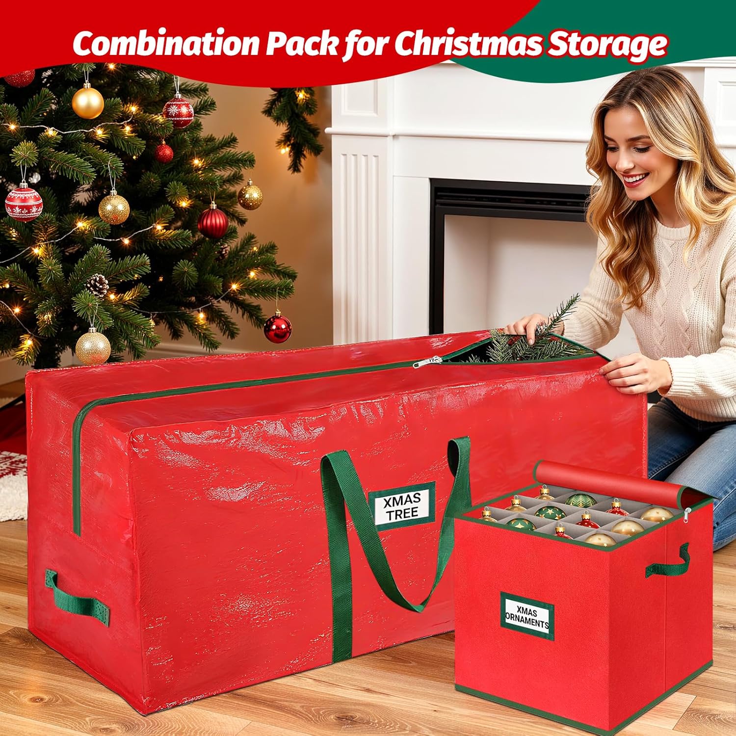 StorageRight Christmas Tree Bag & Ornament Storage Box Set - Water-Resistant 7.5 Ft Tree Storage & 64-Compartment Organizer, Heavy-Duty Red Decor Containers