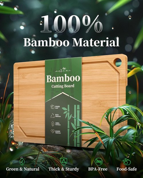 Kitsure Bamboo Cutting Board - Multi-Sized Wooden Kitchen Board with Deep Juice Grooves | Large Natural Design