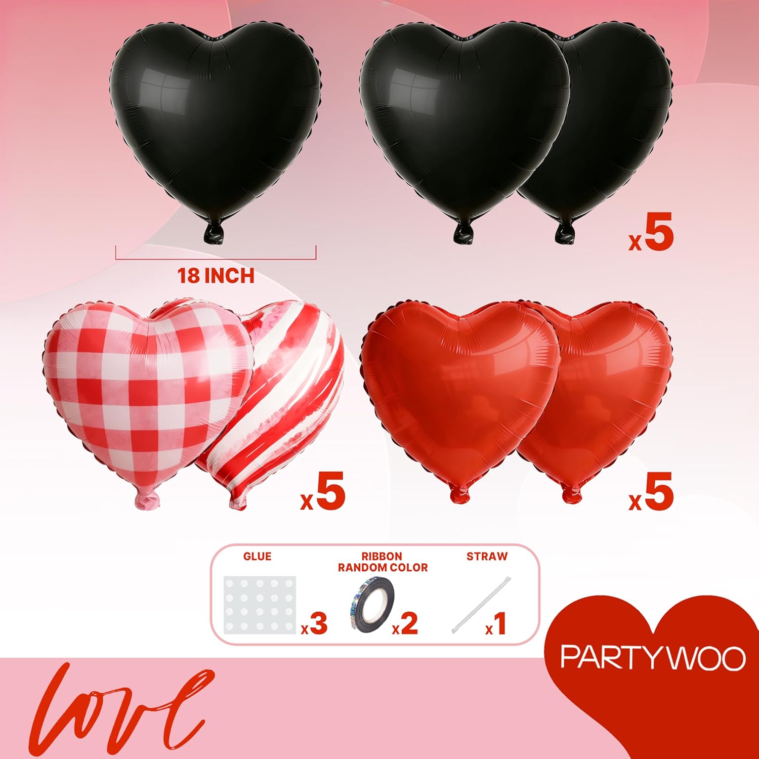 PartyWoo Pink Balloons - 127 Pcs in Various Sizes & Red/Black Heart Foil - Perfect for Valentine's Day & Weddings