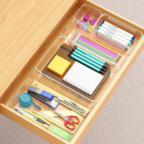 Manalete Drawer Organizers - Set of 12 Clear Plastic Storage Bins for Kitchen, Bathroom & Office