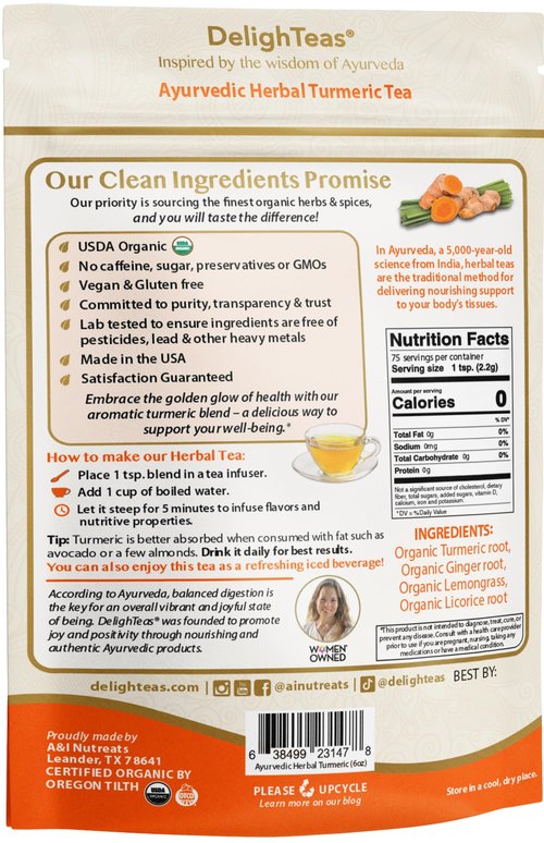 DelighTeas Organic Turmeric Ginger Tea | Ayurvedic Loose Leaf Herbal Turmeric Tea for Mobility, Immune & Digestive Support | Non-GMO, Caffeine Free, Unsweetened | 75 Servings, 6oz.
