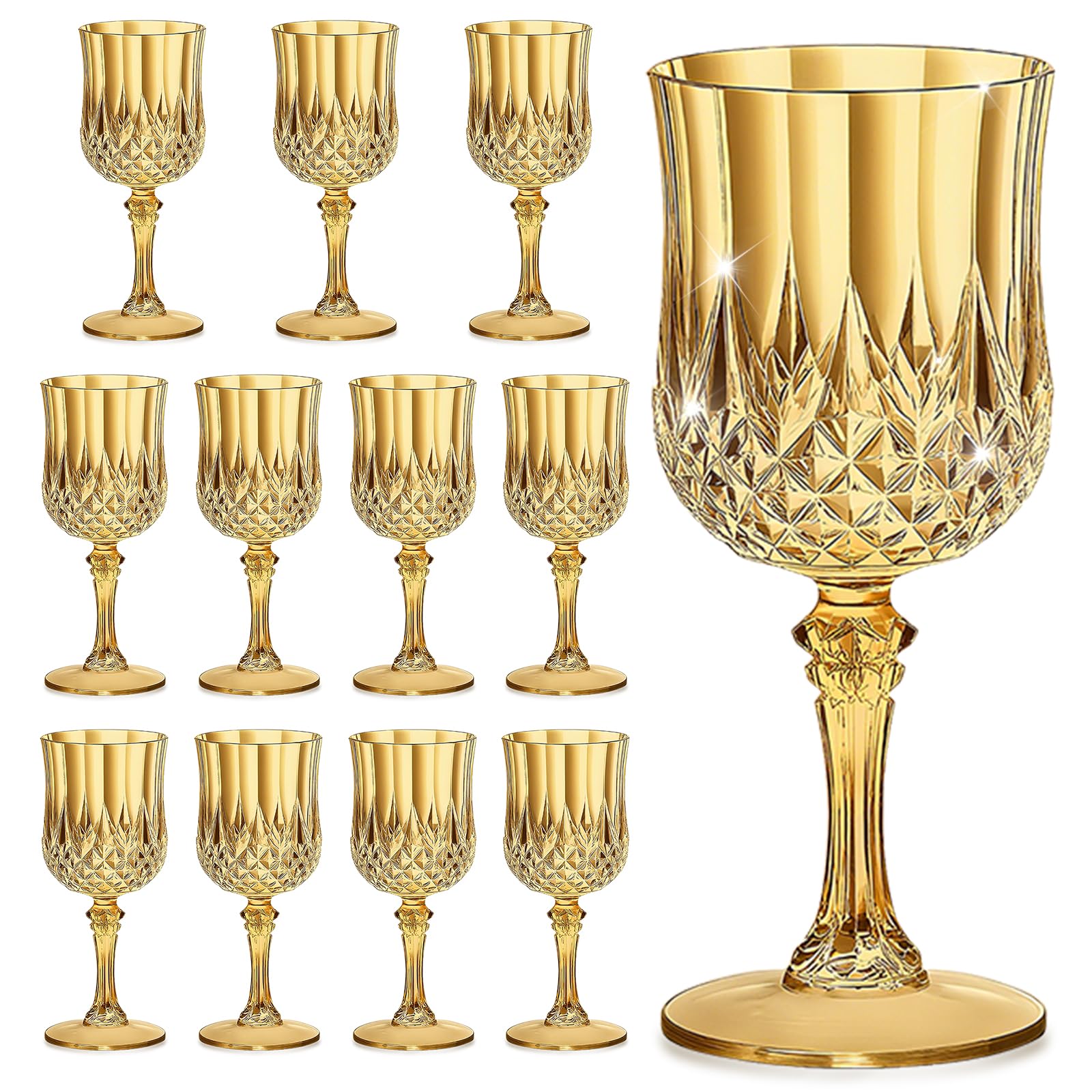 HTTBEIZI 7OZ Plastic Wine Glasses, Disposable Goblets Drinking Glasses Crystal Vintage Water Cups Unbreakable Champagne for Wedding, Parties, Valentine’s Day (12, Gold)