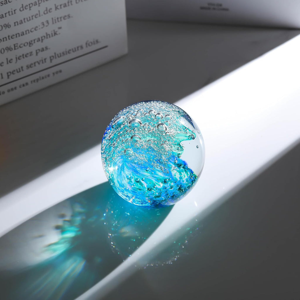 Qianwei Ocean Waves Crystal Ball | Hand Blown Glass Collectible Figurine - Stunning Decor for Ocean Lovers