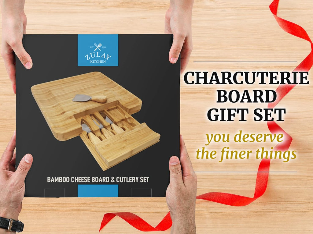 Zulay Kitchen Premium Bamboo Cheese Board Set - Extra Thick Charcuterie Board with 4 Knives | Perfect for Wine & Cheese Lovers