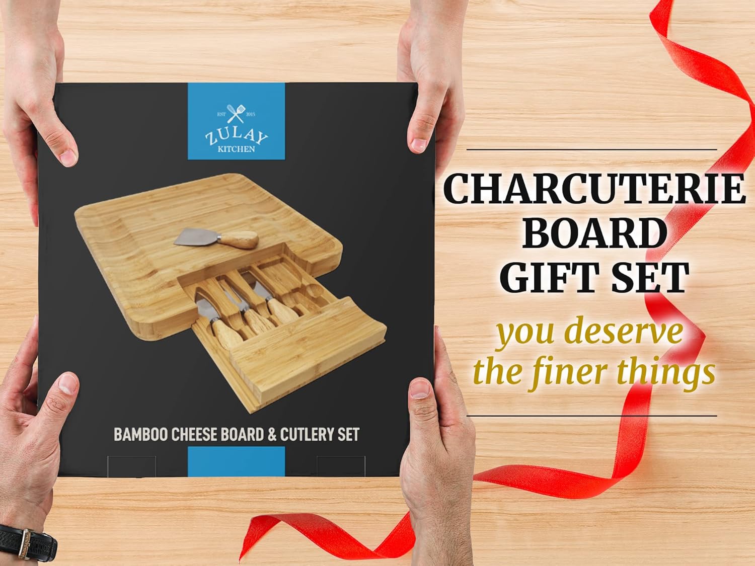 Zulay Kitchen Premium Bamboo Cheese Board Set - Extra Thick Charcuterie Board with 4 Knives | Perfect for Wine & Cheese Lovers