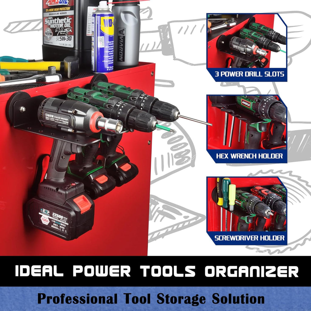 ULIBERMAGNET Power Tool Organizer - 3 Slot Utility Storage Rack with Screwdriver Holder | Heavy Duty Wall Mount for Garage & Workshop