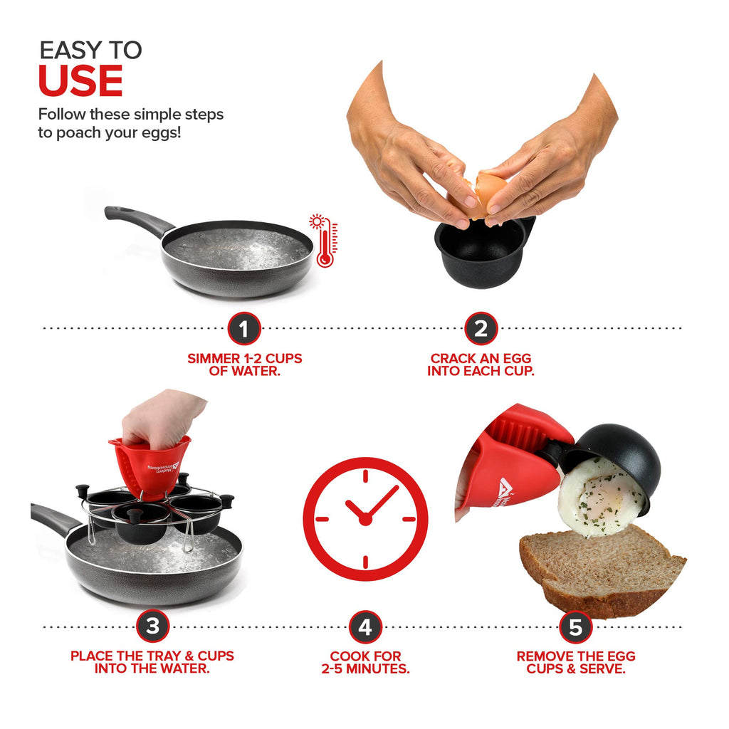 Modern Innovations Stainless Steel 4-Cup Egg Poacher Tray - Complimentary Silicone Mitt - Egg Poacher Insert for Poaching Eggs & Eggs Benedict - Poached Egg Maker Compatible with Most Pans