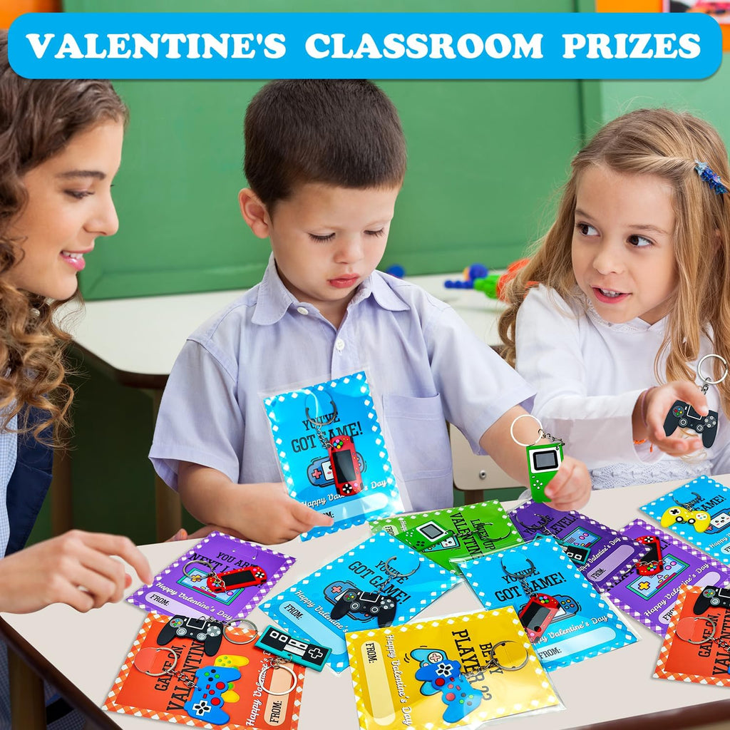 Skiennix Bulk Valentine's Day Cards - 48 Pack Video Game Keychains for Kids | Perfect Classroom Exchange Gifts