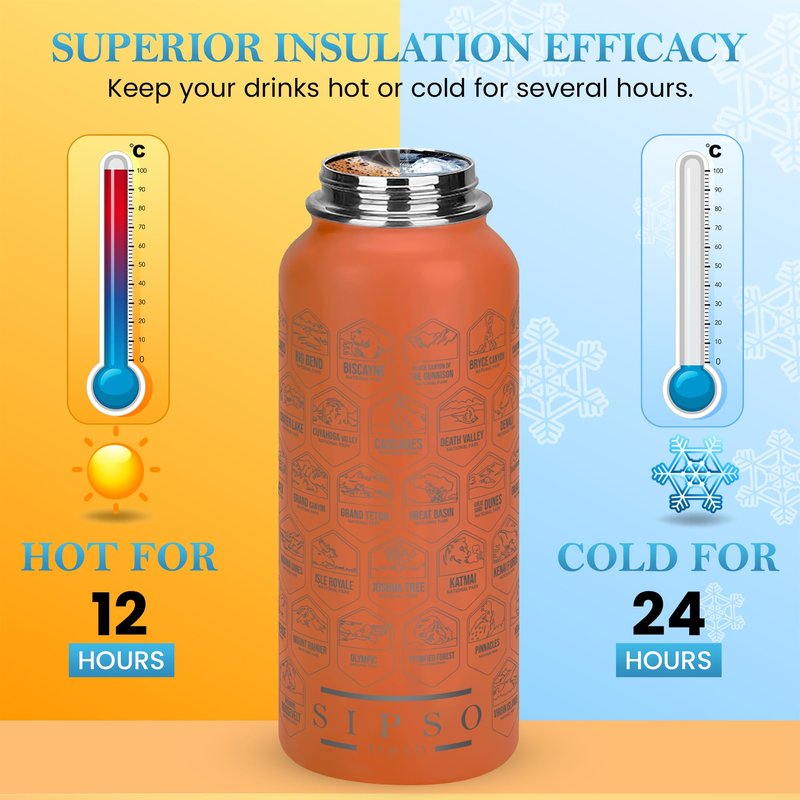 SIPSO fresh Hiking Gift Water Bottle – 32 oz Vacuum Insulated Stainless Steel National Park Water Bottle | 63 Waterproof Stickers & Premium Gift Box | Camping & Outdoor Adventure Gifts (Peach)
