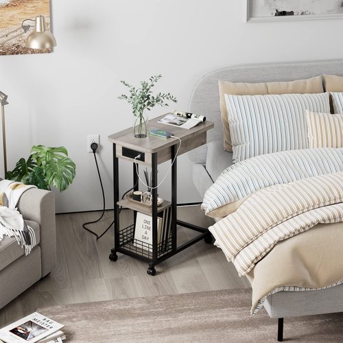 IDEALHOUSE C Shaped End Table with Charging Station, Grey Flip Top Sofa Table with USB Ports and Outlets, Narrow Side Table with 3 Tier Storage Shelf for Living Room, Bedroom, Small Spaces