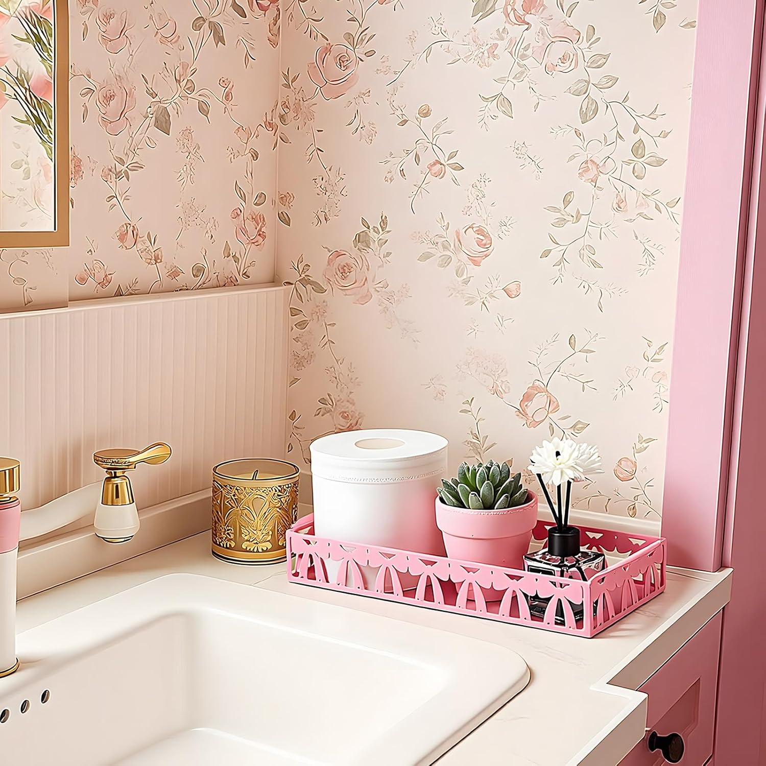 Skiennix Pink Bow Toilet Paper Basket - Cute Metal Holder with Handle for Bathroom Storage | Coquettish Decor