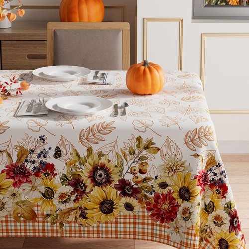 XCHI Fall Wlid Flowers Maple Leaves Plaid Tablecloth Rectangle Washable Table Covers for Home Party Decorations 60x84 Inch
