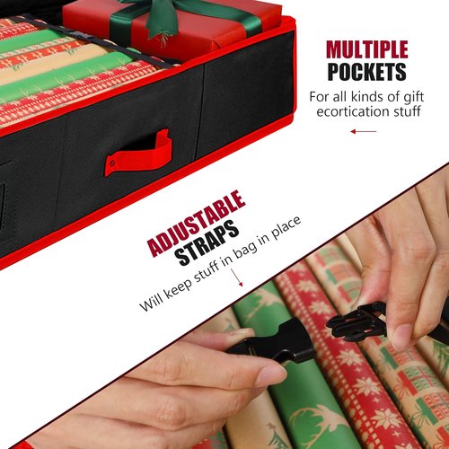 Juegoal Christmas Storage Organizer - 40.5 Inch Gift Wrapping Paper Storage with Interior Pockets | 2023 Upgrade Underbed Box, Tear-Proof Fabric