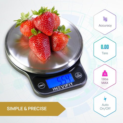 INEVIFIT Digital Kitchen Scale - Accurate Multifunction Food Scale Up to 13 lbs | Modern Black & Stainless Steel Finish