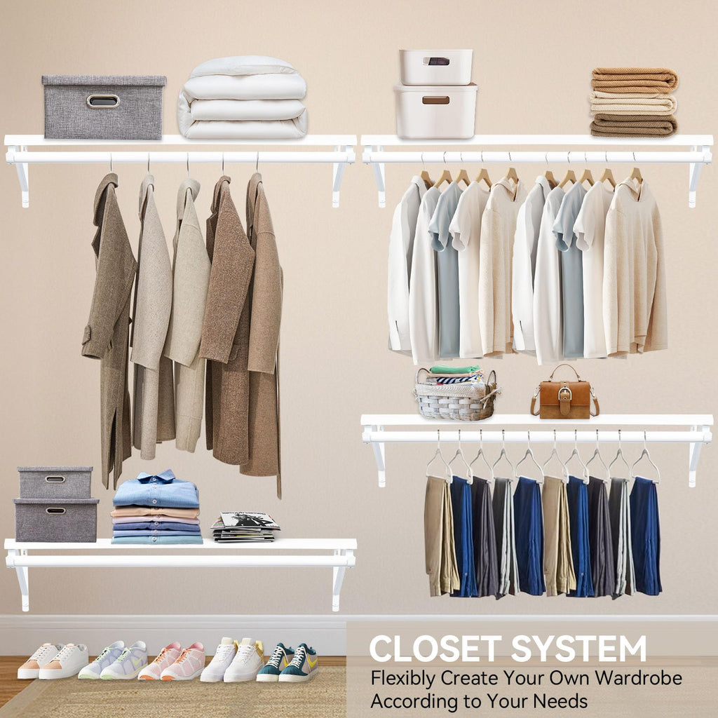 Qupui Closet Shelf with Hanging Rod, 47.2in Wall Mounted Clothes Rack with Top Shelf, Walk in Closet System, Heavy Duty Shelf with Hanging Rod for Laundry Room, Closet Storage, Garage, White