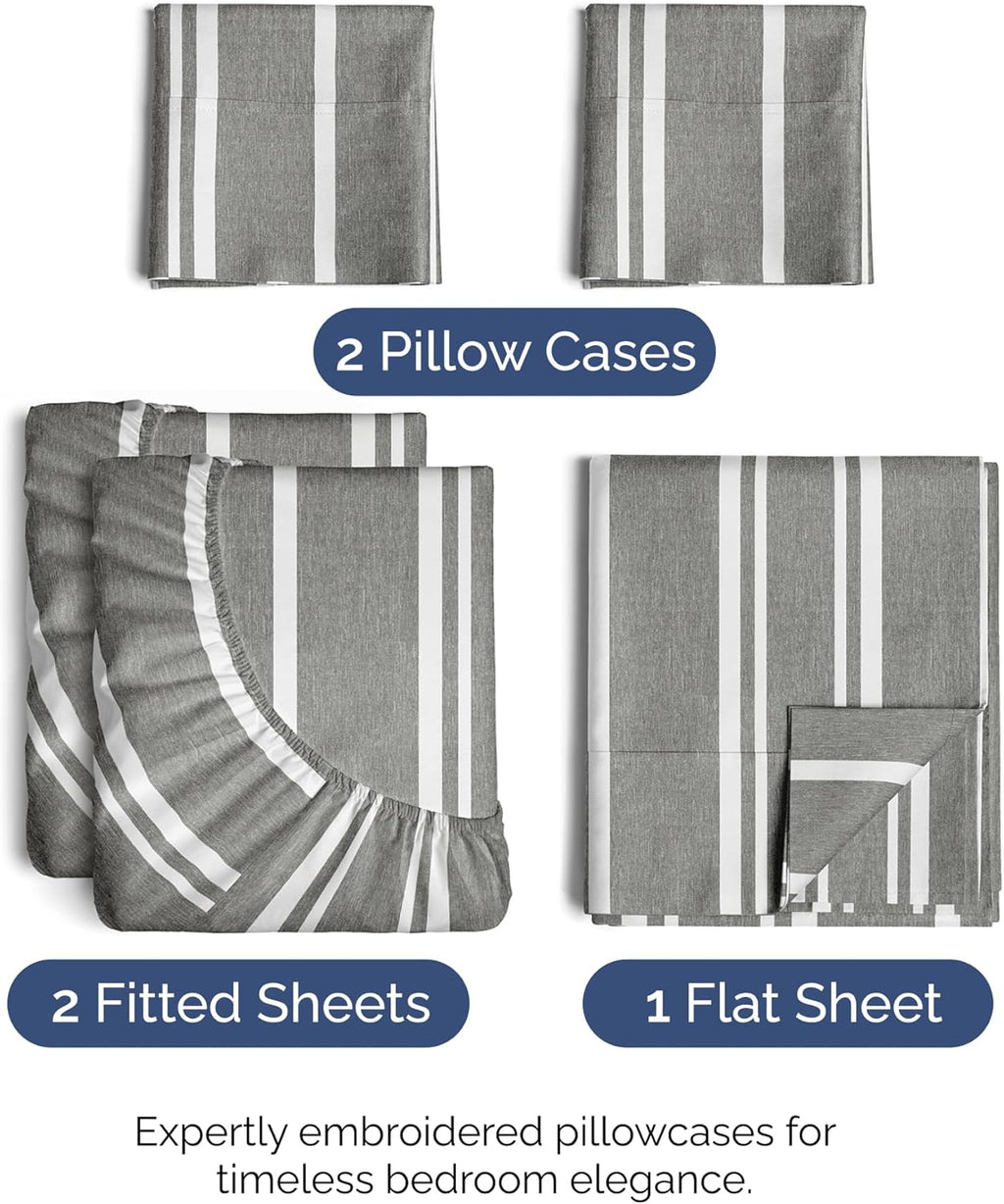 Split King Size 5-Piece Sheet Set | Comfy Breathable Cooling Bed Sheets - Luxury Hotel Quality - Grey Stripes