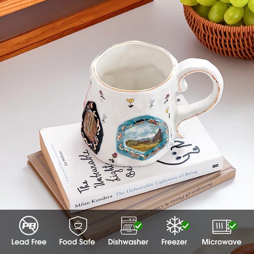 Large Ceramic Coffee Mug, Pretty Flower Cup with Big Handle, Funny Cute Tea Design for Office and Home,Unique Gift for Women and Tea Lovers