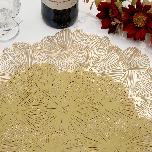 Placemats Set of 6, Gold Place Mats Hollow Out Pressed Flowers Vinyl Round Table Mats Washable for Dining Table Christmas Holiday Decorations