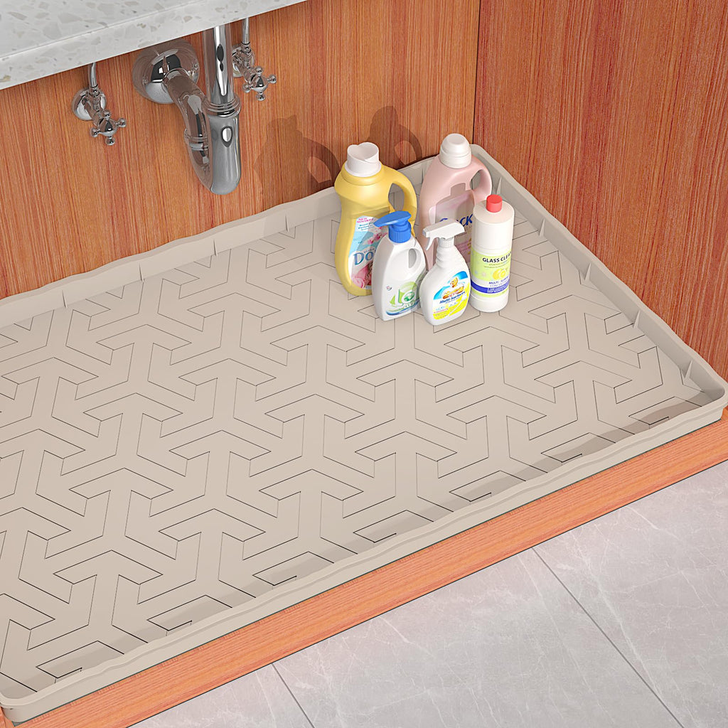 2025 Pro Sevenblue Waterproof Under Sink Mat, 34" x 22" Under Sink Liner and Protector for Bottom of Kitchen Sink, Bathroom Silicone Basin Undersink Mat Cabinet Shelf Drip Tray (Beige, 34" L x 22" W)