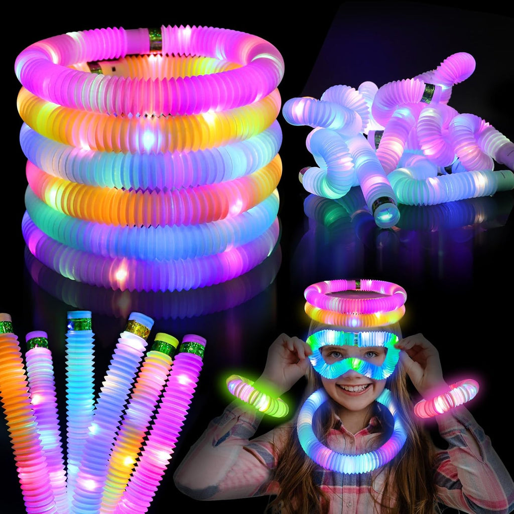 Skiennix Glow Sticks Fidget Pop Tubes - 6 Pack Glow in The Dark Sensory Toys for Kids | Perfect Party Favors