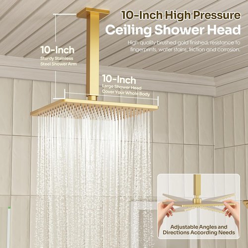 **Regine Switzerland Gold Shower Faucet Set - Brushed Gold Finish with 10'' Ceiling & 6'' Wall-Mounted Heads**