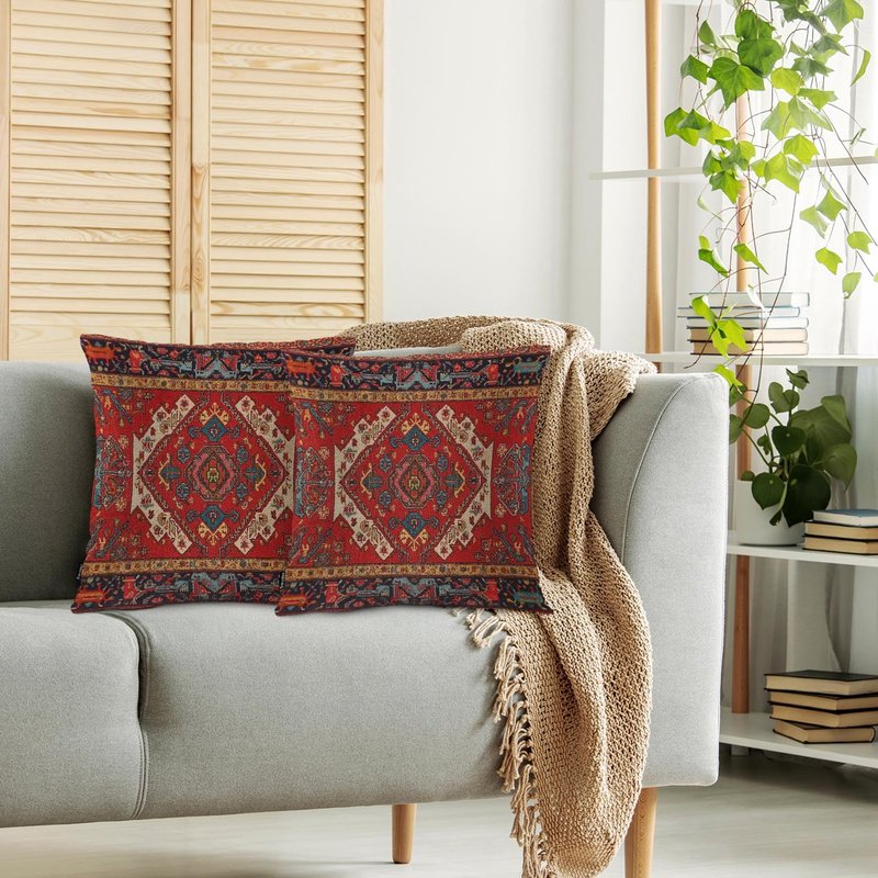 Swono Pillow Covers 18X18 Inch Set of 2 Turkish Carpet, Throw Pillow Cases Boho Tribal Geometric Paisley Floral Pillowcase Cushion Cover Decorative for Outdoor Home Sofa Bedroom Livingroom, Red