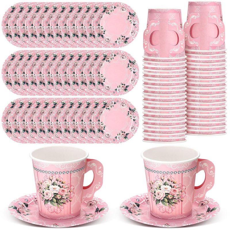 Nuogo 200 Pcs Floral Paper Tea Cups and Saucers 7 oz Disposable Paper Teacups with Handle and Plates for Tea Party Decoration Wedding Birthday Baby Shower Bridal Mother's Day, Serve 100(Pink)