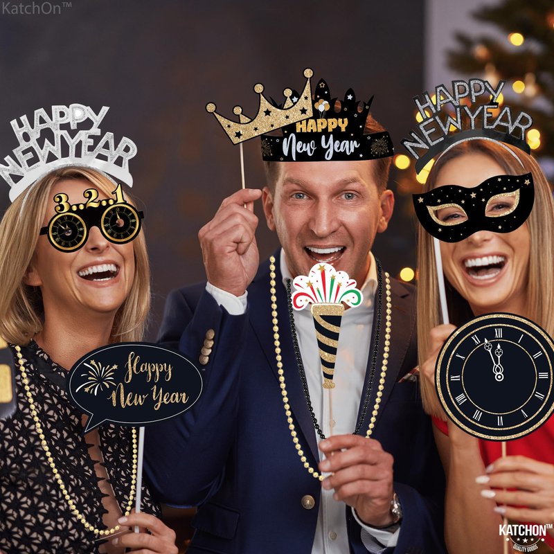 KatchOn, New Years Eve Party Favors - Pack of 74 | Happy New Year Glasses, Photo Props, Hats and Noise Makers | New Years Headband 2026, New Year's Eve Party Supplies for Happy New Year Decorations