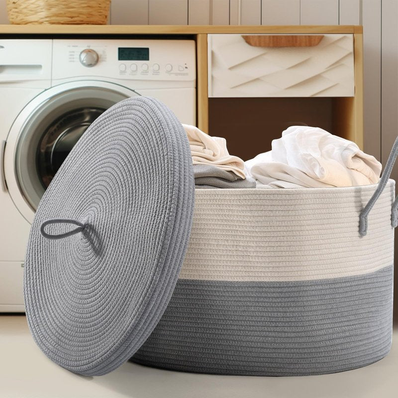 Noonkty XXL Cotton Rope Basket with Lid, Grey, 21.7" x 13.8" Square, Modern, Living Room, Bedroom, Nursery Storage
