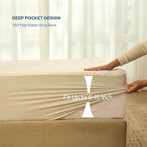 BEDLORE Waterproof Mattress Protector - Soft Breathable Full Size Pad for Deep Pocket Beds (Beige)