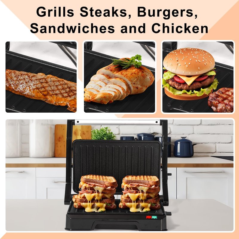 UVFAST Small Panini Press Grill Sandwich Maker, Electric 3 in 1 Panini Sandwich Maker Grill, Open 180 Degrees for grill indoor, Perfect for Grilling Steaks, Burger, Sandwich, Non-stick Pan, Black